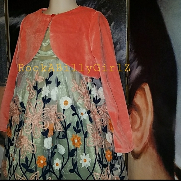 Tatyana Lil Taty Girl Peach Coral Velvet Long Sleeve Bolero w One Button Closure - Picture 3 of 6